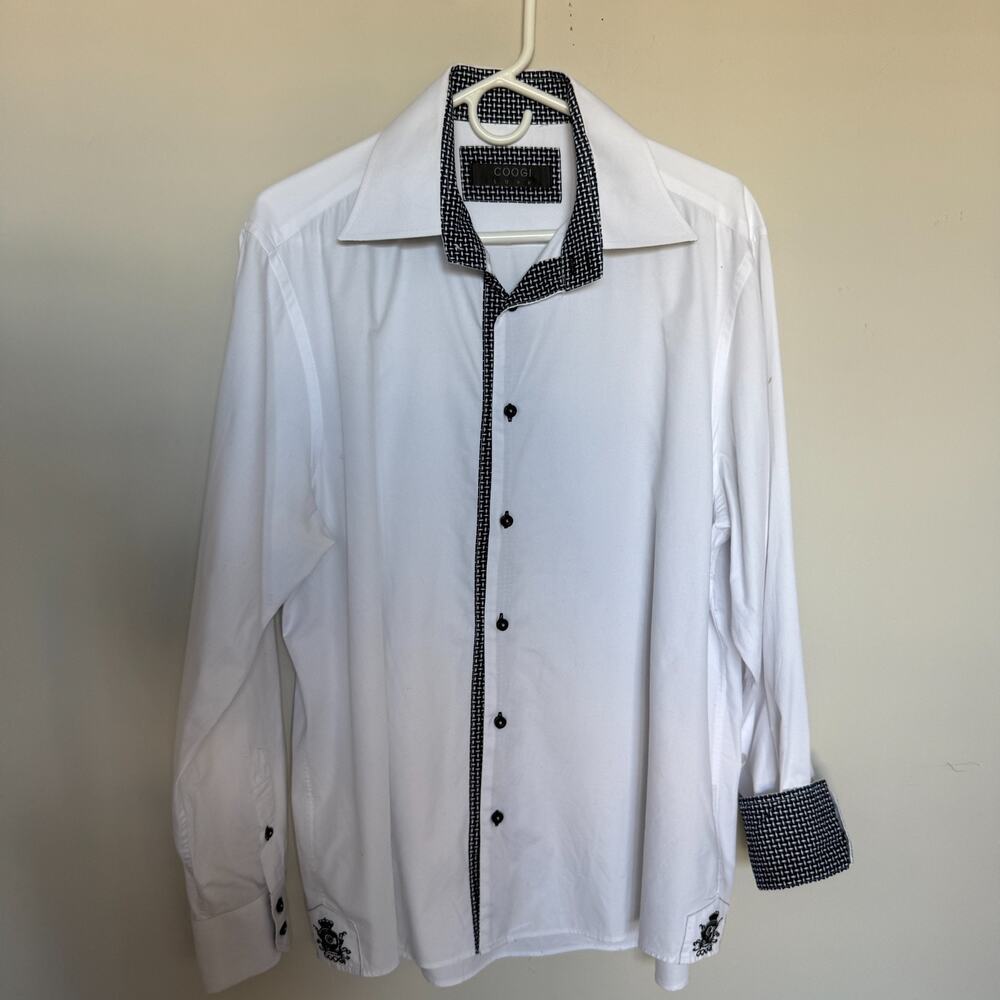 COOGI Luxe Shirt Mens XL Button Up Long Sleeve Flip Cuff Logo Event Party